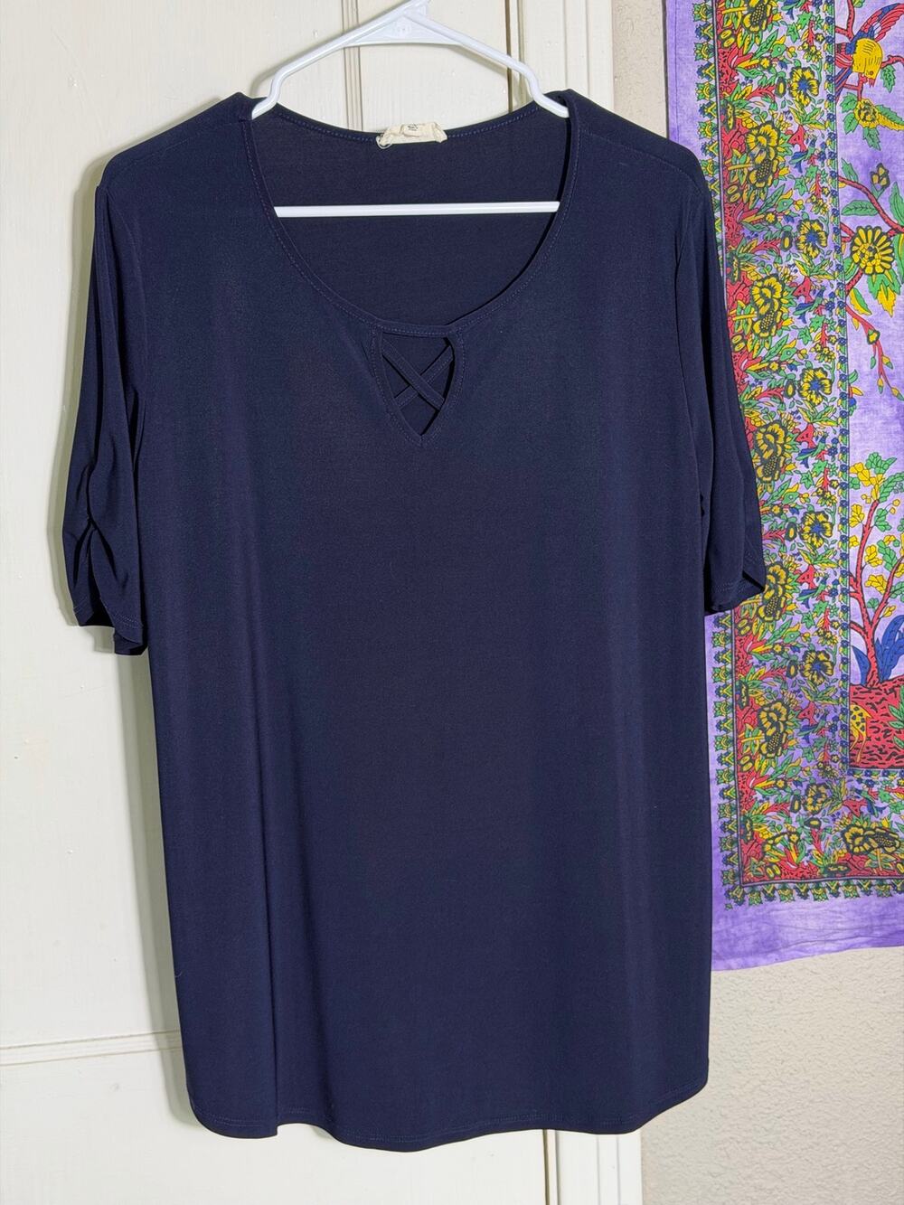 Rue Juju Navy Criss Cross Neck Top XL Short Sleeve Stretch Blouse Women’s